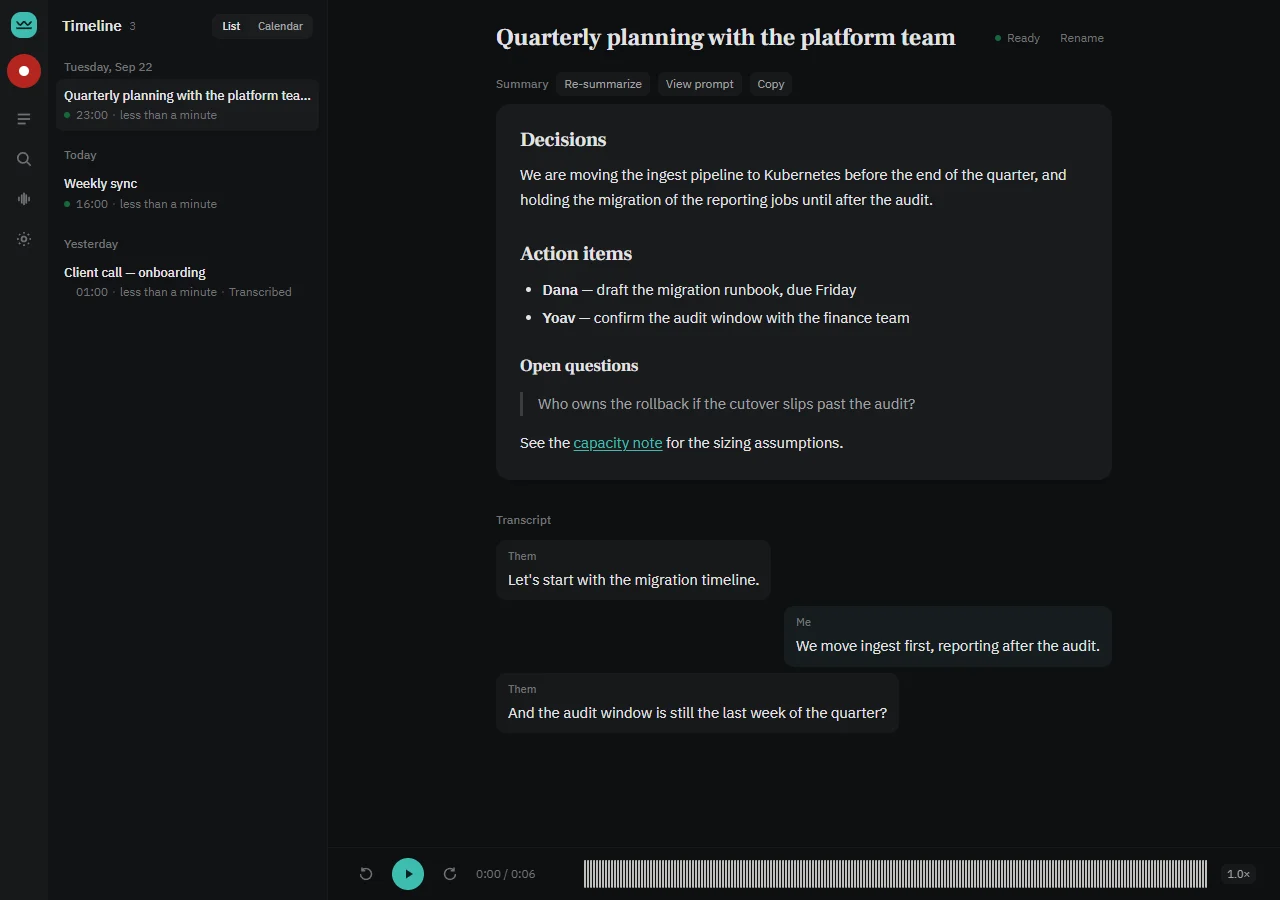The Upshot meeting page: a timeline on the left, a summary with decisions, action items and open questions, the transcript split into Me and Them, and a playback bar. Demo data.